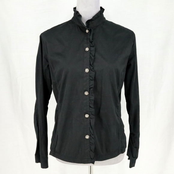Chico's Tops - Chicos Top  0 Womens 4 Small Black Blouse Cotton Stretch Ruffle Trim Buttons